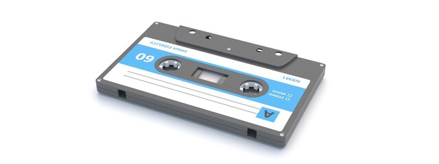 Retro audio cassette tape with blank label isolated on white background. 3d illustration
