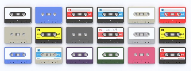Vintage audio cassettes background, banner. Retro music concept. 3d illustration