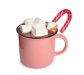 Cup of delicious hot chocolate with marshmallows  and candy cane isolated on white