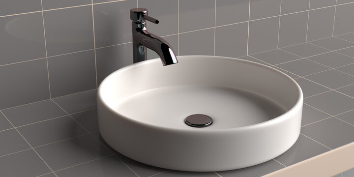 Sink basin and faucet, bathroom grey color tiled counter and wall background. 3d illustration