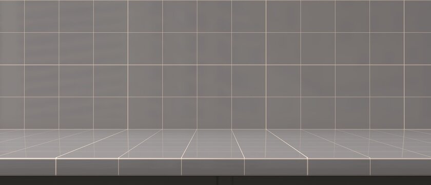 Bathroom tiled counter and wall background. Empty self. Grey tiles square pattern. 3d illustration