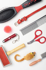Accessories for cats: comb, ball, nail clippers, mouse. The concept of pet care. White background, top view