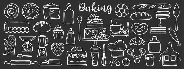 Isolated baking set. Cute hand drawn kitchen tools and baked goods with desserts. vector illustration in white outline and on dark background.