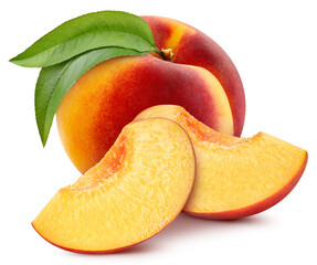 Peach with leaf isolated on white background