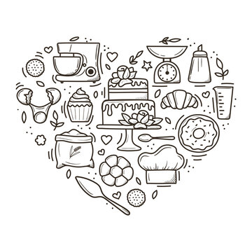 recommend clip art: Isolated baking set. Cute hand drawn kitchen tools and baked goods with desserts. vector illustration in black outline and white plane on white background.