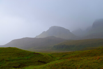 Mountain range in heavy fog on Isle of Skye, Scotland, UK, Europe