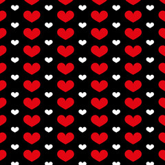 Fototapeta na wymiar Seamless vector background with red and white hearts of different sizes. Love, wedding, Valentine's Day design. Heart pattern love background. Vector