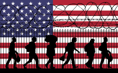 United States flag. Refugees near barbed wire fence. Immigrants used as a political weapon for...