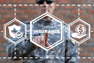 Soldier using innovative virtual touch screen presses insurance button. Military insurance concept....