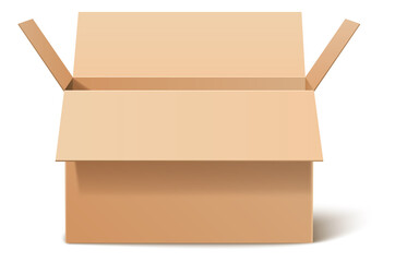 Realistic cardboard box. Side view mockup. Open empty package