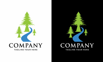Evergreen pine tree with river creek logo design vector template. on a black and white background.