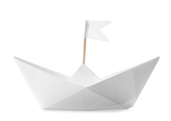 Handmade paper boat with flag isolated on white. Origami art