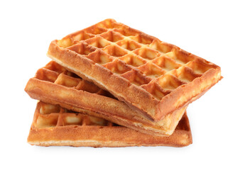Three delicious Belgian waffles on white background