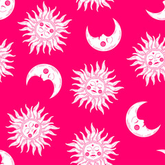 Fototapeta na wymiar Prink seamless pattern with white sun and moon.