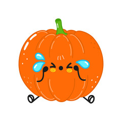 Cute sad and crying pumpkin character. Vector hand drawn cartoon kawaii character illustration icon. Isolated on white background. Pumpkin character concept