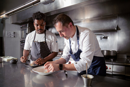 Focused diverse colleagues cooking sophisticated dish together