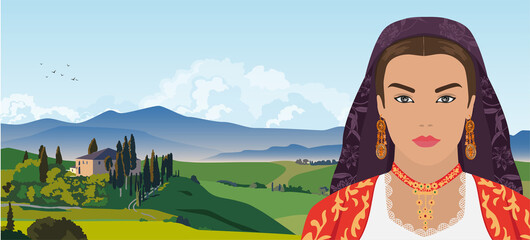 Portrait of a beautiful italian woman in national dress on the background of a Val d'Orchia Tuscany Italy.Vector illustration of a flat design.