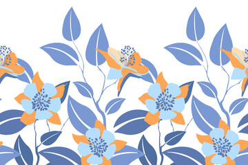 Vector floral seamless pattern, border. Horizontal panoramic design with blue-orange flowers and leaves.