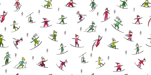 Snowboard time, people snowboarding from the mountain. Seamless pattern for your design