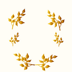 Golden floral oval frame decorated with hand drawn delicate branches. Vector isolated.