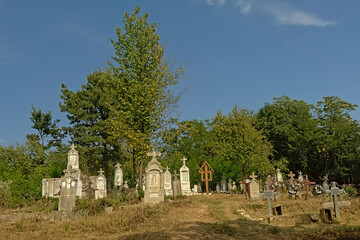 Old graveyard in nature with grass and trees in the Romanian countryside
