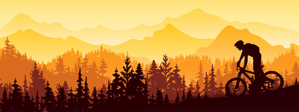Silhouette of mountain bike rider in wild nature landscape. Mountains, forest in background. Magical misty nature. Blue and green illustration.