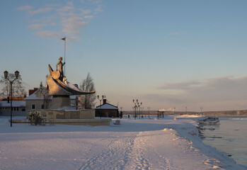 City embankment covered with snow and ice in Petrozavodsk in the Republic of Karelia on a frosty day
