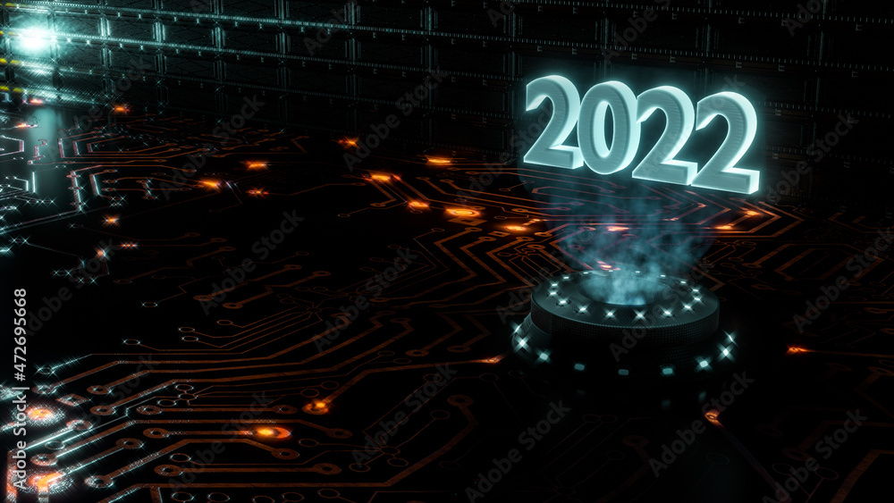 Poster close up, futuristic technical environment with hologram of number 2022. technical concept for count