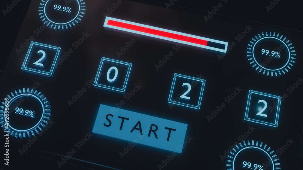 Poster close up, futuristic glass screen with progress bar and number 2022. technical concept for countdown