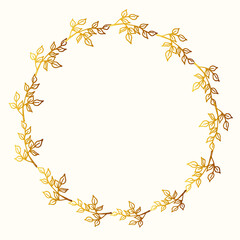 Golden floral rectangular frame decorated with hand drawn delicate eucalyptus branches. Vector isolated.