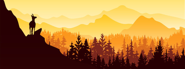 A chamois stands on top of a hill with mountains and forest in the background. Black silhouette with orange, yellow and brown background. Illustration.