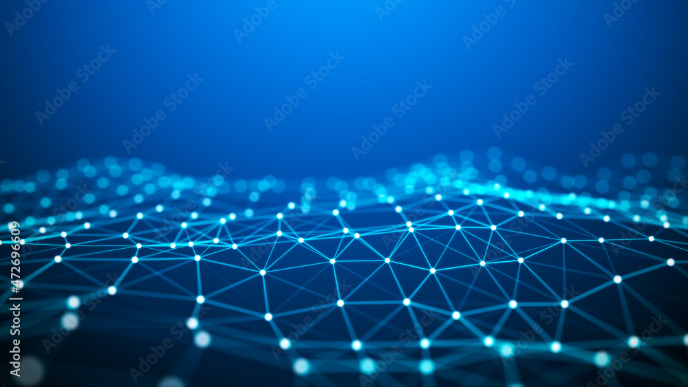 Poster abstract technological blue background. a wave with connecting dots and lines. scientific data. larg
