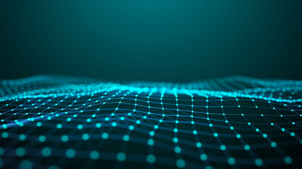 A wave with connecting dots and lines. Network connection. Abstract of the technology. Artificial intelligence. Blue background. 3d rendering.
