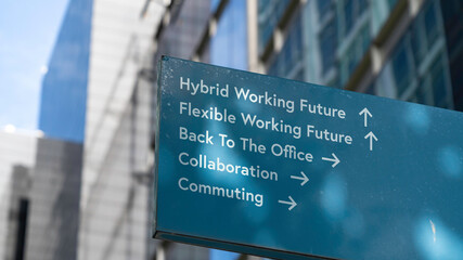 Working future choices on a city-center sign in front of a modern office building	
 - obrazy, fototapety, plakaty