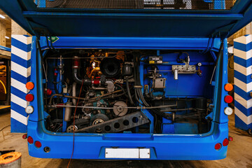 Opened bus diesel engine system for repairing in service center