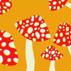 Red poisonous mushroom isolated on a yellow background. Vector illustration. Flat design, hand-drawn, cartoonish.