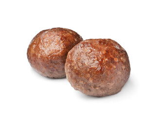 Two tasty cooked meatballs on white background