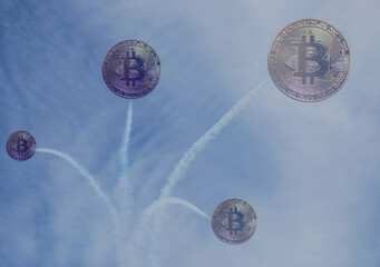 contrails from airplanes and golden bitcoins on the sky