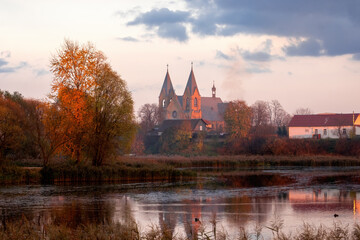 Fototapeta premium Minsk region, Belarus. The historic town of Rakov, one of its attractions - the Catholic Church of Our Lady of the Holy Rosary.