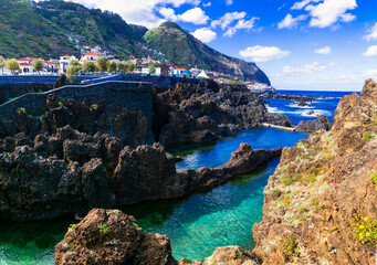 Porto Moniz, Madeira Island, Portugal .Volcanic lava natural swimming pools, popular tourist...