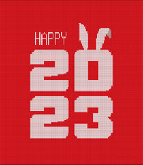 2023 New Year. Knit seamless pattern. Knitted Christmas texture. Sweater ornaments for scandinavian pattern. Vector isolated on red background. Knitted font 2023. Decoration elements and rabbit ears