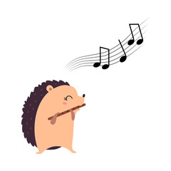 Funny Hedgehog Character Playing Flute Performing Concert Vector Illustration