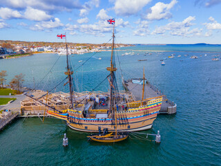 Mayflower II is a reproduction of the 17th century ship Mayflower docked at town of Plymouth, Massachusetts MA, USA.  - obrazy, fototapety, plakaty