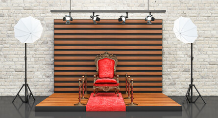 3d render of wooden Photography studio with red carpet kig chair and barrier, photo studio with lighting equipment