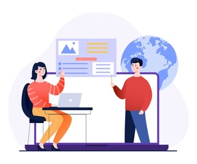 Global online education. Woman sits at laptop, studying educational materials. Distance learning, video, photo. Online lectures, courses, skills development. Cartoon flat vector illustration