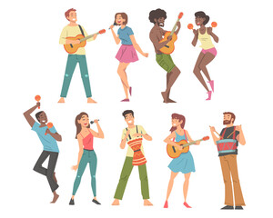 Obraz premium People Character Musician Conducting and Performing Music Playing Musical Instrument Vector Set