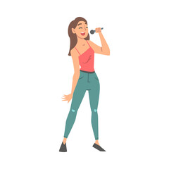 Young Woman Character Musician and Singer Performing Music Singing with Microphone Vector Illustration