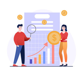 Cash flow statement. Man and girl evaluating graph, growth of companys income. Successful investors. Analysts examining document with magnifying glass, loupe. Cartoon flat vector illustration