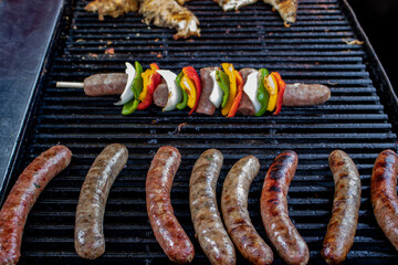 Sausages Are Grilled and Prepared as a Kebab with Vegetables at a Food Stall at the 2019 San Diego County Fair