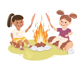 Little Girl Sitting on Log Near Campfire Frying Sausage Vector Illustration